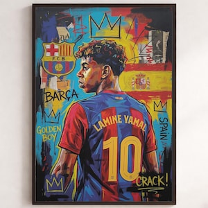 Puede incluir: Un póster enmarcado con un retrato estilizado del futbolista Lamine Yamal vistiendo una camiseta roja y azul con el número 10. La obra incluye el escudo del FC Barcelona, la bandera de España y el texto BARÇA, GOLDEN BOY, SPAIN y CRACK.