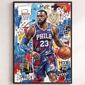 May include: A vertical poster featuring a stylized illustration of a basketball player in a blue and red jersey with the text PHILA 23. The background includes graffiti-style elements, a lion head, a basketball hoop, and the words MVP, PHILLY, and HOOP.