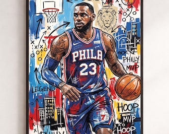 LeBron James-affisch, Philadelphia 76ers graffitiväggkonst, inramad basketkonst, urban canvastavla