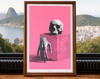 Lámina artística surrealista con calavera rosa y mano esquelética, arte pop macabro (descarga digital)