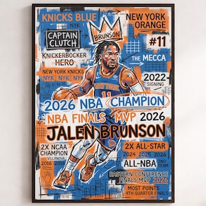 May include: A vertical poster featuring a stylized illustration of basketball player Jalen Brunson in a blue and orange uniform. The design includes text such as JALEN BRUNSON, 2026 NBA CHAMPION, CAPTAIN CLUTCH, and various career achievements.