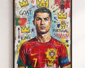 May include: A framed wall art print featuring a stylized portrait of Cristiano Ronaldo in a red Portugal soccer jersey. The artwork includes graffiti-style elements, yellow crowns, the text GOAT, CR7, PORTUGAL, SIIIIUUUU, KING, and LEGEND.