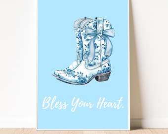 Impresión de botas vaqueras "Bless Your Heart" / Arte mural de vaquera occidental / Decoración rústica para el hogar / Inspirado en Megan Moroney (Descarga digital)