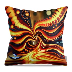 Psychedelic Throw Pillow – AI Art Swirls, Vibrant Orange Blue Cushion (20x20 Inch)
