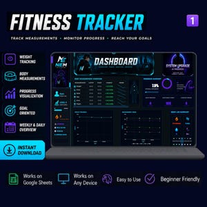 May include: A digital fitness tracker interface displayed on a laptop screen. The interface features a dashboard with weight tracking, body measurements, progress visualization, and goal-oriented data. The text "FITNESS TRACKER" is at the top.