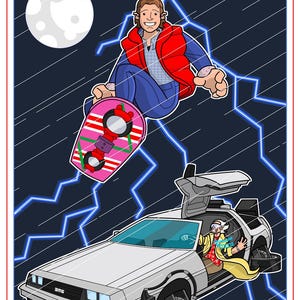 May include: A cartoon illustration of a person riding a hoverboard in front of a DeLorean time machine. The hoverboard is pink and white with a red and white design. The DeLorean is silver and has a blue lightning bolt effect behind it. The background is a dark blue with white rain streaks.