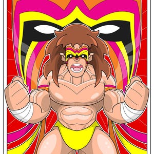 Może przedstawiać: Kreskówkowa ilustracja umięśnionej postaci w żółto-czerwonym stroju, z kolorową maską i długimi brązowymi włosami. Tło jest czerwone z dużym, stylizowanym wzorem maski. Widoczna jest strona internetowa www.TheGiantPerkins.com.