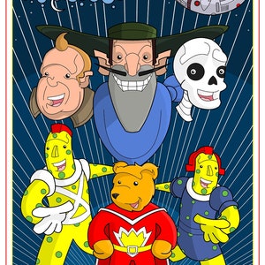 May include: A colorful cartoon illustration featuring a group of characters. The characters include a bear wearing a red cape, a yellow character with green spots, a blue character with a white skull, a yellow character with blue spots, and a man with a beard wearing a blue shirt and a brown hat. The illustration has a blue background with yellow stripes.