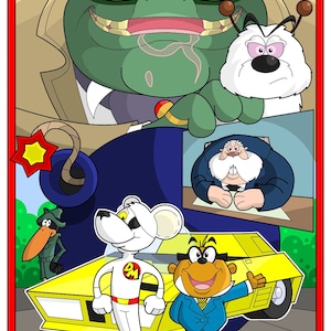 May include: A comic book style illustration featuring a white mouse wearing a red and white suit with the letters "DM" on the chest, a brown bear wearing a blue suit and glasses, a yellow car, a green frog-like creature, a white fluffy creature with antennas, and a man with a white beard sitting at a desk. The illustration is set against a blue and black background with stars.