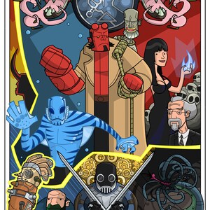 May include: A colourful illustration featuring a group of characters from the comic book series Hellboy. The characters include Hellboy, Abe Sapien, Liz Sherman, Johann Krauss, and the B.P.R.D. logo. The illustration is set against a red and blue background with a variety of symbols and designs.