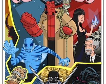 May include: A colorful illustration featuring a group of characters from the comic book series Hellboy. The characters include Hellboy, Abe Sapien, Liz Sherman, Johann Krauss, and the B.P.R.D. logo. The illustration is set against a red and blue background with a variety of symbols and designs.