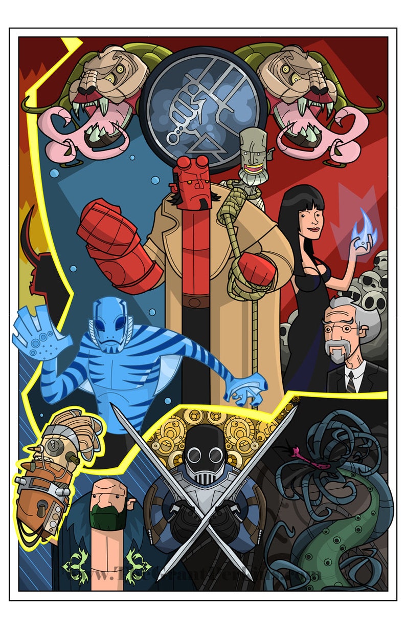 May include: A colorful illustration featuring a group of characters from the comic book series Hellboy. The characters include Hellboy, Abe Sapien, Liz Sherman, Johann Krauss, and the B.P.R.D. logo. The illustration is set against a red and blue background with a variety of symbols and designs.