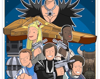 Könnte beinhalten: Eine Comic-Illustration einer Gruppe von Charakteren aus einem Science-Fiction-Film. Die Charaktere halten Waffen und stehen vor einem Raumschiff. Der Hintergrund ist ein dunkelblauer Himmel mit Sternen. Der Text "www.TheGrantPerkins.com" befindet sich am unteren Rand des Bildes.