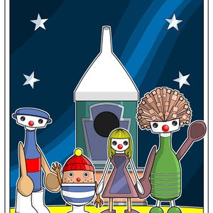 May include: A colourful cartoon illustration with characters set against a night sky with stars. The characters include a tall blue figure, an egg-shaped character, a girl in a dress, and a green bottle-shaped figure. The website address www.TheGrantPerkins.com is at the bottom.