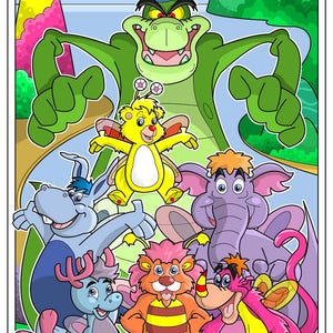 May include: A vibrant cartoon illustration of various fantastical creatures. A large green dragon-like figure wearing a chef's hat is the central character, surrounded by smaller, brightly coloured animals. The background features stylised hills and a blue sky.