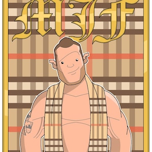 May include: A cartoon illustration of a man with a tan skin tone wearing a brown and white patterned scarf. The man has short brown hair and a light brown beard. The background is a brown and white plaid pattern. The text "MJF" is written in gold letters at the top of the image. The text "www.TheGrantPerkins.com" is written at the bottom of the image.