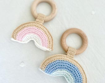 Rainbow crochet baby rattle with wooden teething ring - pink / blue toy