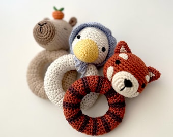 Crochet Baby Rattle Toy - Goose, Capybara, Red Panda