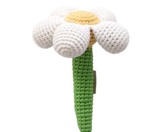 Daisy White Pink Flower Crochet Baby Rattle Toy