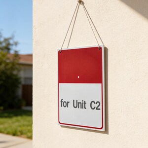 May include: A rectangular sign with a red top and white bottom is suspended by a string. The text "for Unit C2" is printed in black on the white section. The sign is mounted on a beige wall.