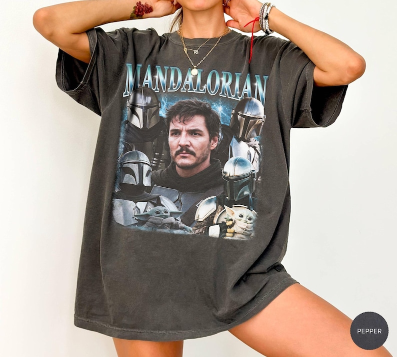 Vintage Mandalorian Shirt, Pedro Pascal Graphic Tee, Retro Bootleg Din Djarin Tshirt, Star Wars Shirt, Baby Yoda Tee, Mandalorian Shirt image 1