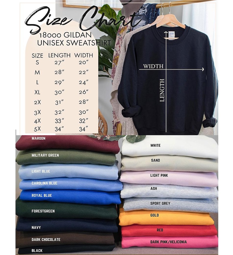 May include: A navy blue unisex sweatshirt hangs on a wooden hanger, with a size chart and color options displayed. The size chart shows measurements in inches for sizes S to 5X. Below are stacks of folded sweatshirts in various colors.