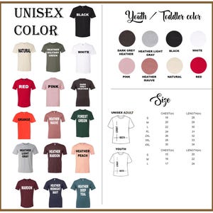 May include: A graphic showing a variety of unisex t-shirt colors, including black, white, red, and orange. The image also displays a size chart with chest and length measurements in inches for both adult and youth sizes.