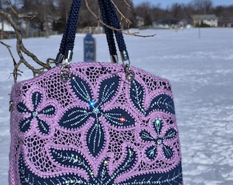 Handmade Irish Lace Bag/Handbag with Denim Details/Unique Author’s Technique/Handmade Crochet Purse/Designer handbag/One-of-a-Kind Art Bag