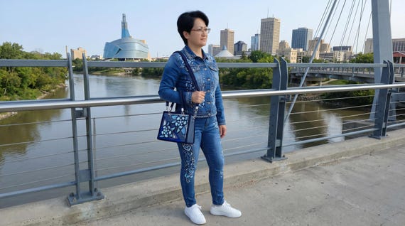 Handmade Irish Lace Bag/Handbag with Denim Details/Unique Author’s Technique/Blue Crochet Purse with Eco-Leather Back/One-of-a-Kind Art Bag