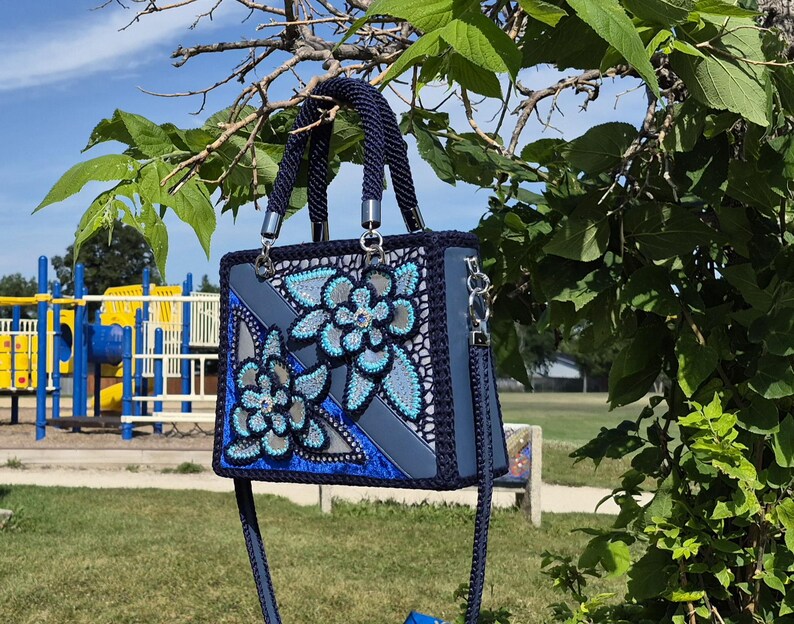 Handmade Irish Lace Bag/Handbag with Denim Details/Unique Author’s Technique/Blue Crochet Purse with Eco-Leather Back/One-of-a-Kind Art Bag image 3