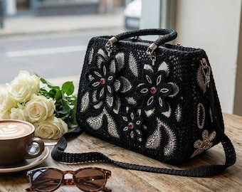 Handmade Irish Lace Bag/ Handbag with Gray Denim Details/ Unique Author’s Technique/ Boho Lace Bag/ Crochet Purse/ One-of-a-Kind Art Bag