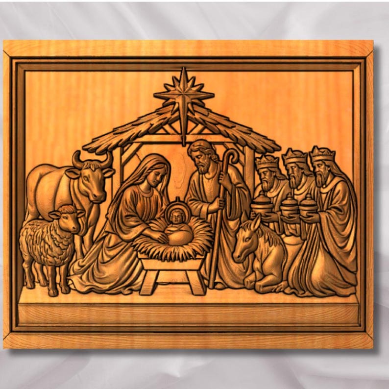 May include: Wooden relief carving depicting the Nativity scene. The artwork features Mary, Joseph, baby Jesus, the Three Wise Men, animals, and a star. The relief is framed in a rectangular wooden border.