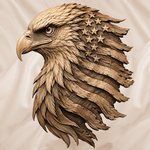 Può includere: Una placca da parete in legno intagliato raffigurante il profilo di un'aquila calva. Le piume del collo dell'aquila sfumano in un design fluido e testurizzato della bandiera americana, con diverse stelle a cinque punte intagliate.