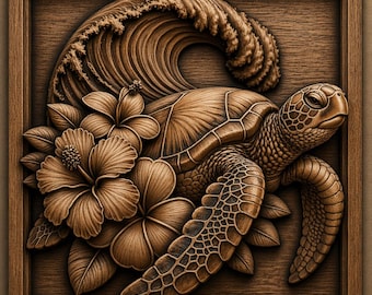 May include: A wooden relief carving featuring a sea turtle, hibiscus flowers, and a wave. The artwork is set within a square wooden frame. The turtle is brown with detailed shell patterns, and the flowers are intricately carved.