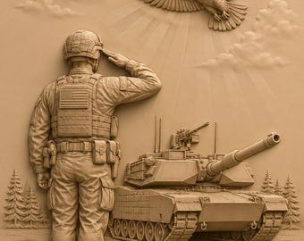 Saluting Soldier 3D Relief STL | Tank and Eagle CNC Wood Carving File | Army Tribute Bas Relief Panel