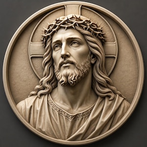 May include: A detailed relief sculpture of a man with long hair, a beard, and a crown of thorns. The sculpture is set within a circular frame with a cross in the background. The color is a light beige.