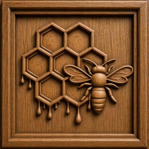 Könnte beinhalten: Ein geschnitztes Holzpaneel mit einem Bienen- und Wabenmuster. Die Biene befindet sich neben einer Wabe mit tropfendem Honig. Das Paneel ist mit einem vertieften Rahmen versehen, alles in einem warmen, natürlichen Holzton.