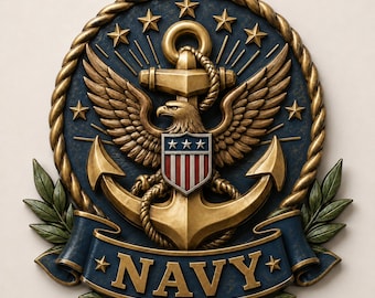 Navy Eagle Shield 3D Relief STL | Rope Anchor CNC Wood Carving File | Nautical Crest Bas Relief