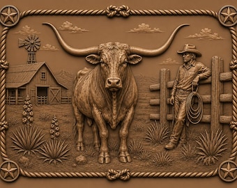Texas Longhorn Ranch 3D Relief STL | Western CNC Wood Carving File | Cowboy Bas Relief Model