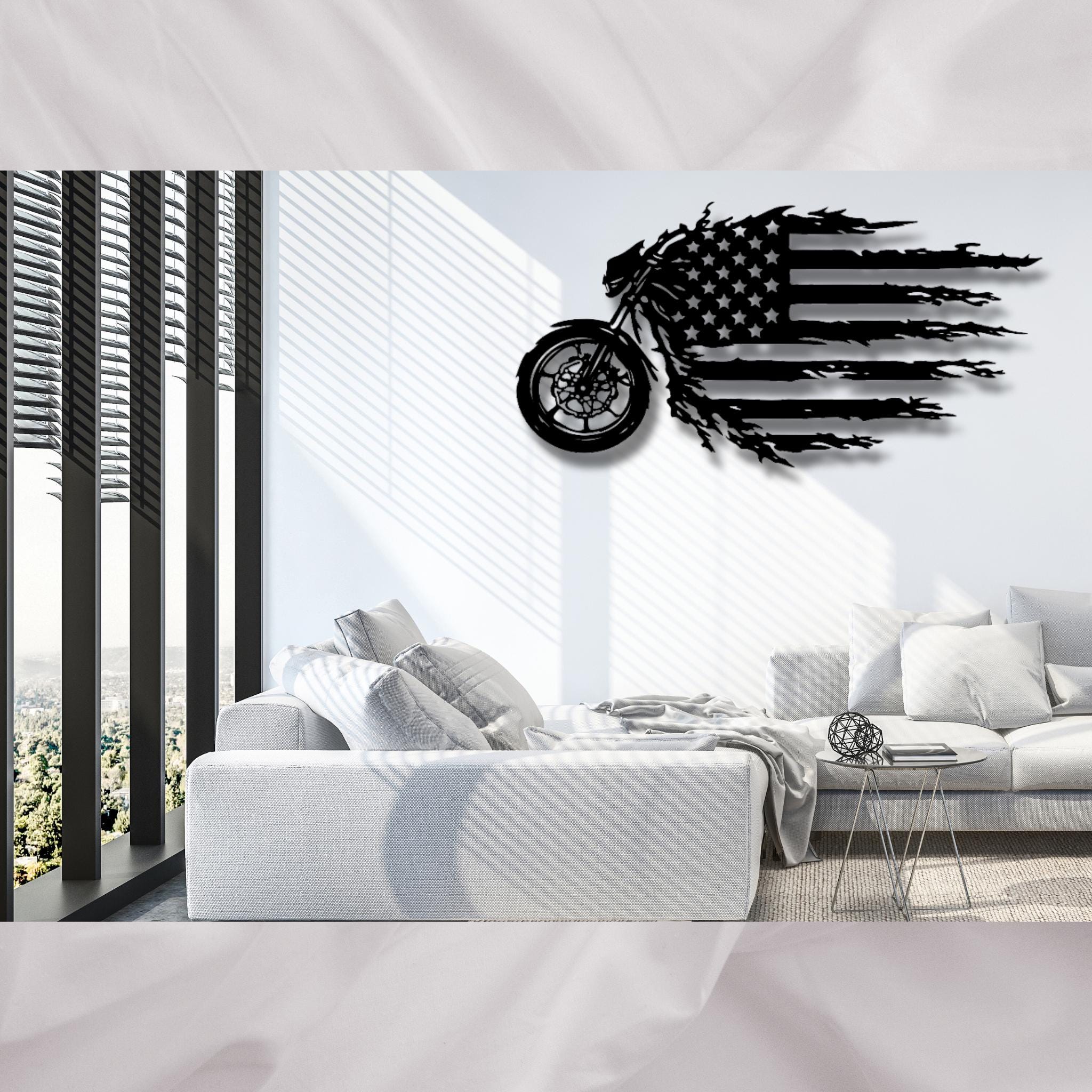 Motorcycle American Flag Metal Wall Art | Biker Garage Decor (powder ...