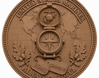 USMC Compass 3D Relief STL | CNC Wood Carving File | World Map and Dog Tags Bas Relief