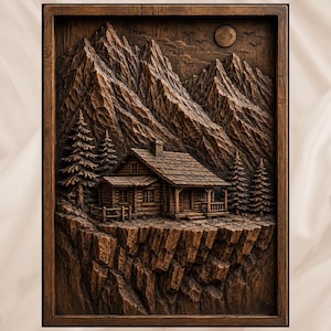May include: A detailed, framed wood carving depicts a mountain scene with a cabin nestled on a cliff. The cabin has a chimney, porch, and a wooden fence. The mountains, trees, and cabin are carved in shades of brown, with a moon and birds in the sky.