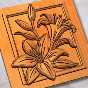 May include: A square light brown wooden panel featuring a three-dimensional relief carving of a lily flower with multiple petals, leaves, and a closed bud, all contained within a rectangular border frame carved directly into the wood surface.