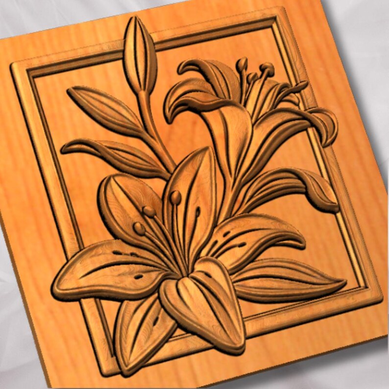 May include: A square light brown wooden panel featuring a three-dimensional relief carving of a lily flower with multiple petals, leaves, and a closed bud, all contained within a rectangular border frame carved directly into the wood surface.