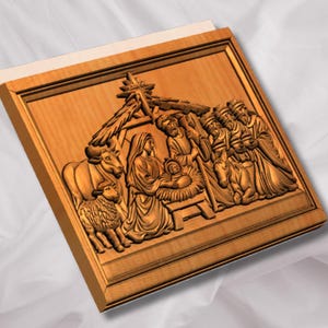 May include: A wooden relief carving depicting the Nativity scene. The artwork features figures of Mary, Joseph, baby Jesus, the Three Wise Men, and animals, all within a detailed, framed design. The relief is in shades of brown.