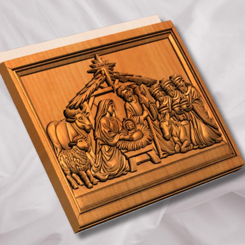 May include: A wooden relief carving depicting the Nativity scene. The artwork features figures of Mary, Joseph, baby Jesus, the Three Wise Men, and animals, all within a detailed, framed design. The relief is in shades of brown.
