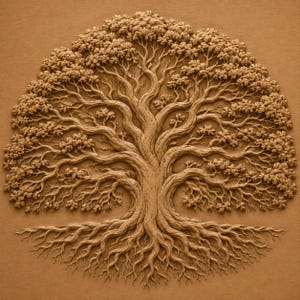 Könnte beinhalten: Ein kreisförmiges Wandrelief, das einen detaillierten Baum mit einem dicken, strukturierten Stamm, weitläufigen Ästen und komplexen Wurzelsystemen zeigt. Das gesamte Stück ist in einem matten, einfarbigen Hellbraun gehalten.