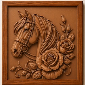 Puede incluir: Tallado en relieve de madera marrón que representa la cabeza de un caballo con brida, rodeada de rosas. La obra de arte está enmarcada en un marco de madera a juego, mostrando los intrincados detalles del arte ecuestre.