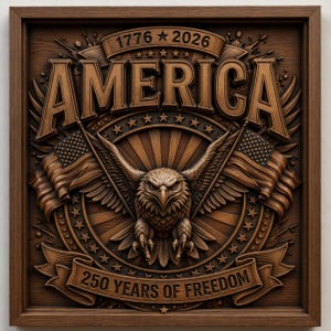 Puede incluir: Un relieve de madera con la palabra "AMERICA" en un lugar destacado, flanqueada por banderas americanas y un águila. El diseño incluye los años "1776 2026" y la frase "250 YEARS OF FREEDOM". La obra de arte está enmarcada en madera oscura.