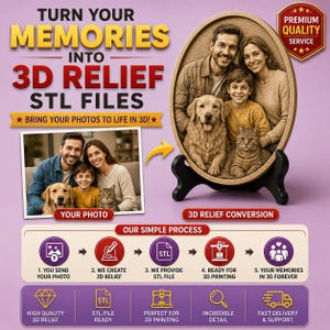 Könnte beinhalten: Eine Werbegrafik für einen 3D-Relief-Konvertierungsdienst. Sie zeigt ein Foto einer Familie mit Hund und Katze sowie eine 3D-Relief-Version desselben Bildes in einem ovalen Rahmen auf einem Ständer. Der Text lautet TURN YOUR MEMORIES INTO 3D RELIEF STL FILES.